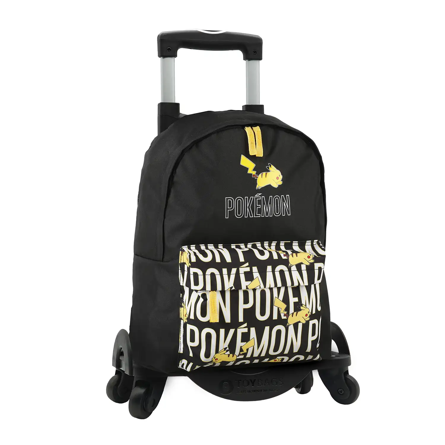 Pokemon mochila primaria doble compartimento + carro  con protección lateral y stoper frontal, 4 ruedas multidireccionales.