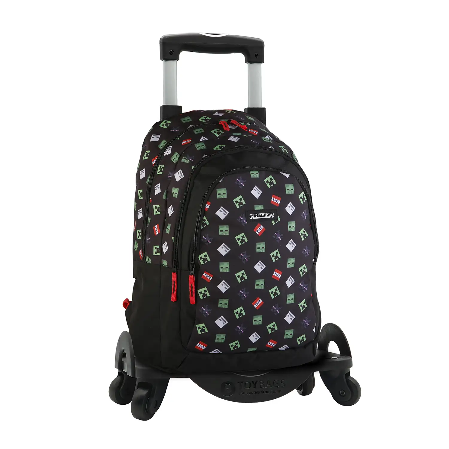 Minecraft TNT mochila primaria doble compartimento + carro  con protección lateral y stoper frontal, 4 ruedas multidireccionales.