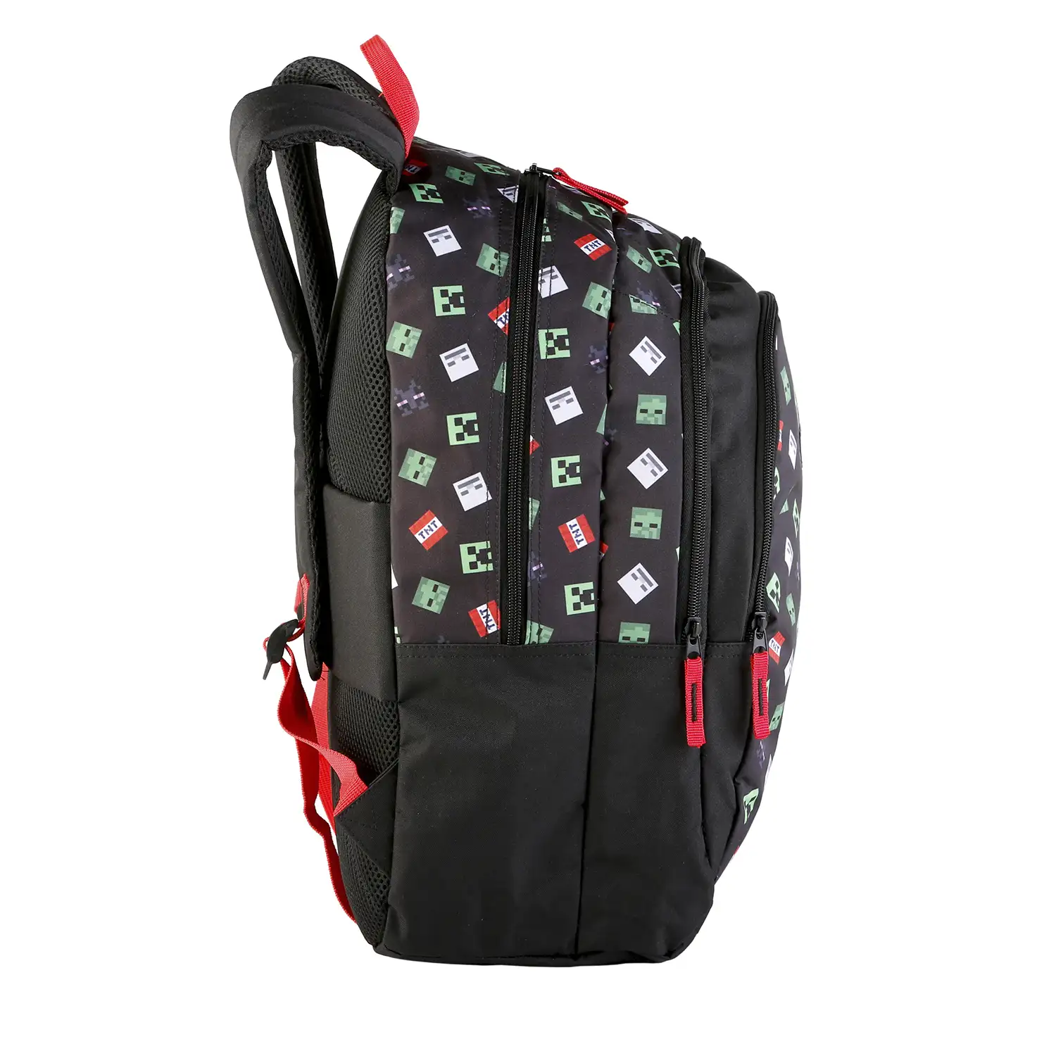 Minecraft TNT mochila primaria doble compartimento + carro  con protección lateral y stoper frontal, 4 ruedas multidireccionales.