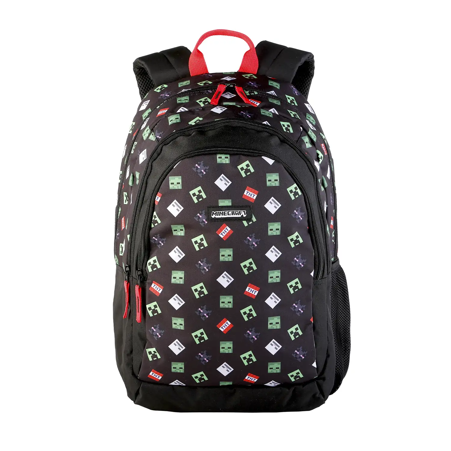 Minecraft TNT mochila primaria doble compartimento + carro  con protección lateral y stoper frontal, 4 ruedas multidireccionales.