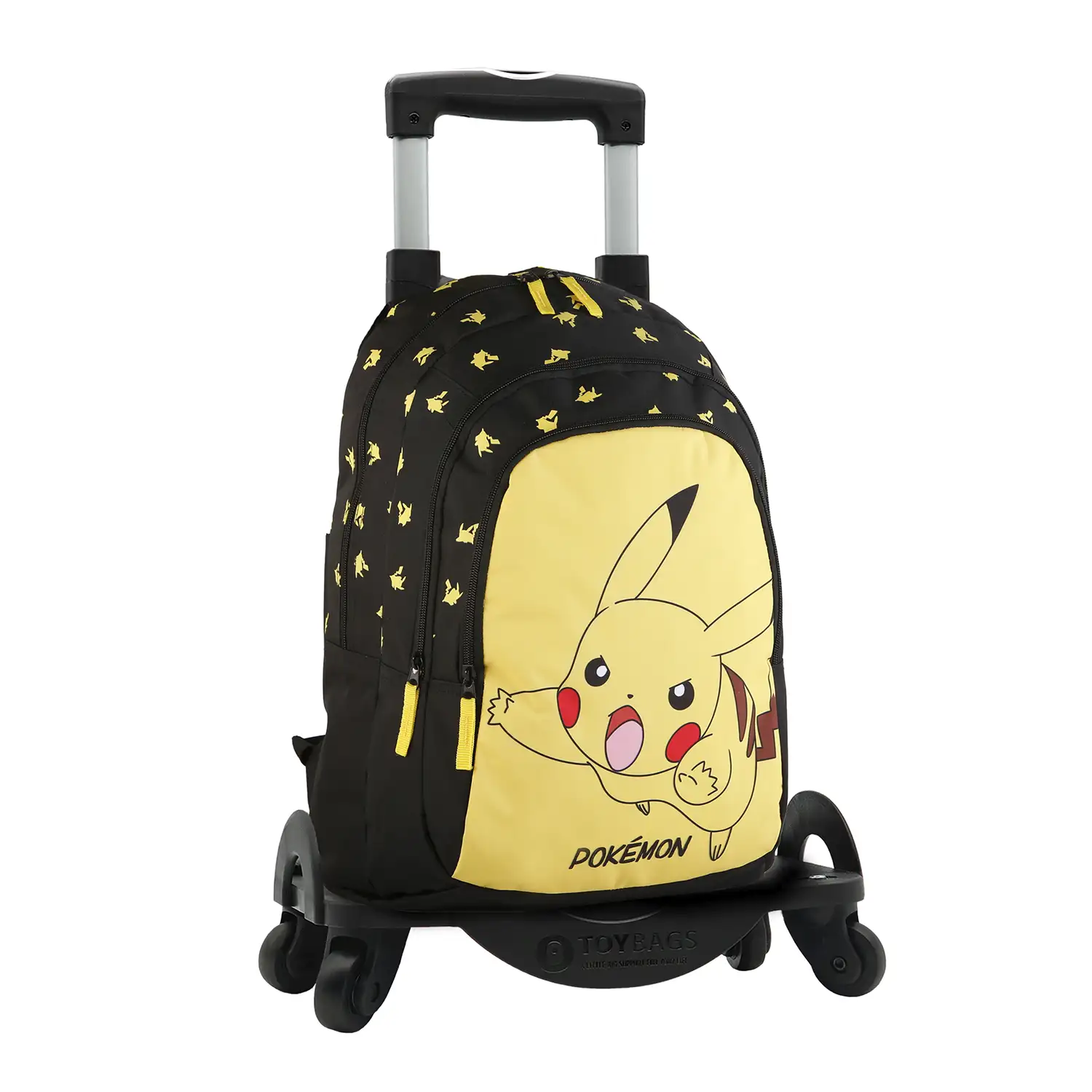Pokemon Pikachu mochila primaria doble compartimento + carro  con protección lateral y stoper frontal, 4 ruedas multidireccionales.