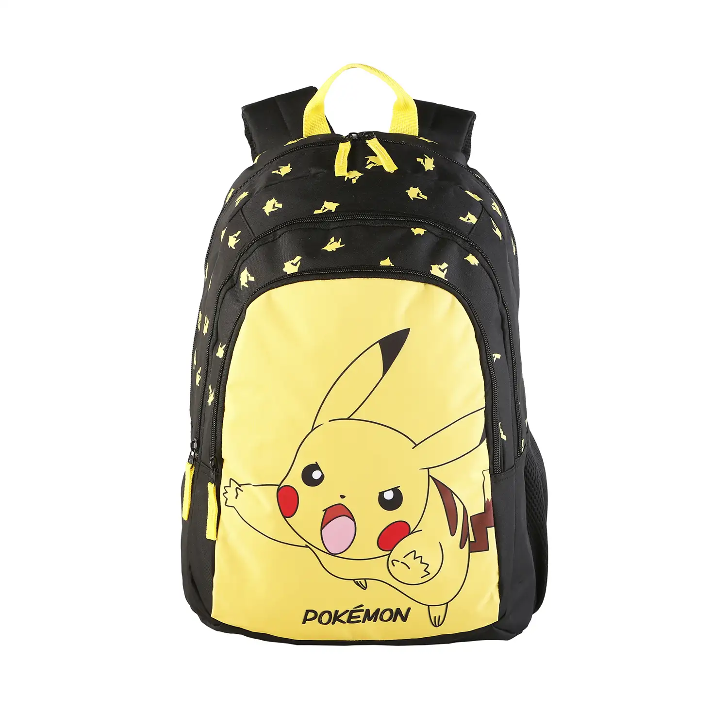 Pokemon Pikachu mochila primaria doble compartimento + carro  con protección lateral y stoper frontal, 4 ruedas multidireccionales.