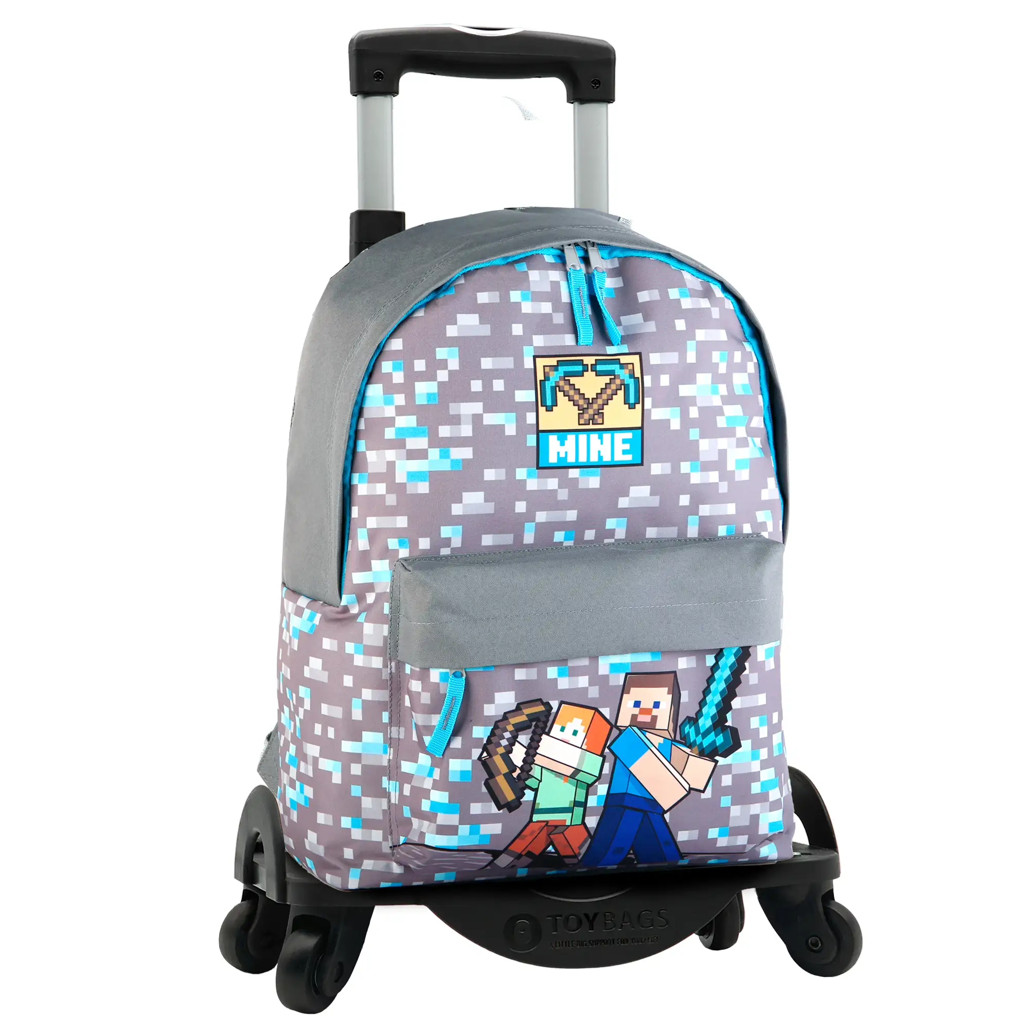 Minecraft Warriors mochila Americano con compartimento portalaptop + carro con protección lateral y stoper frontal, 4 ruedas multidireccionales.